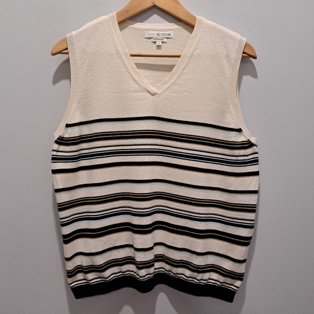 Vintage Izod Club Cream Striped 90s Preppy Golf Academia Sweater Vest Womens L